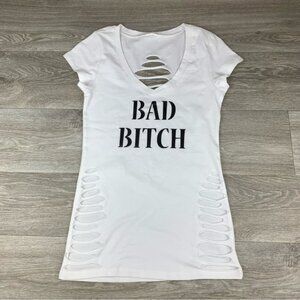 White trendy Bad Bi*ch cut-out vneck. Nightclub outfit/ EDC Shirt , Vegas baby